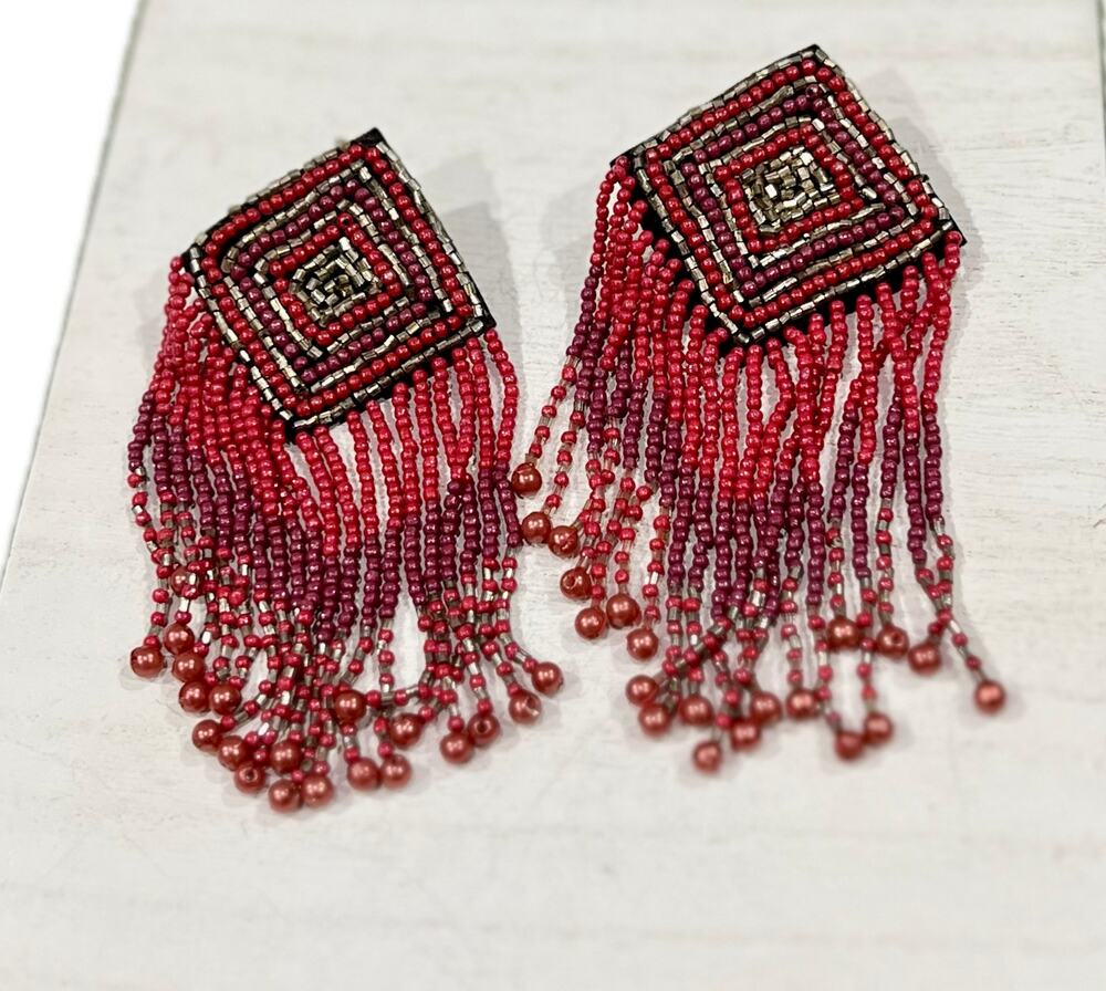 Handmade Red Seed Bead Fringe Statement Earrings
